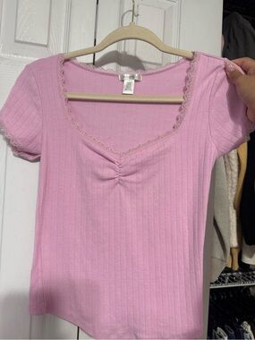 Bozzolo Pink Ribbed Short Sleeve Lace-Trim Top